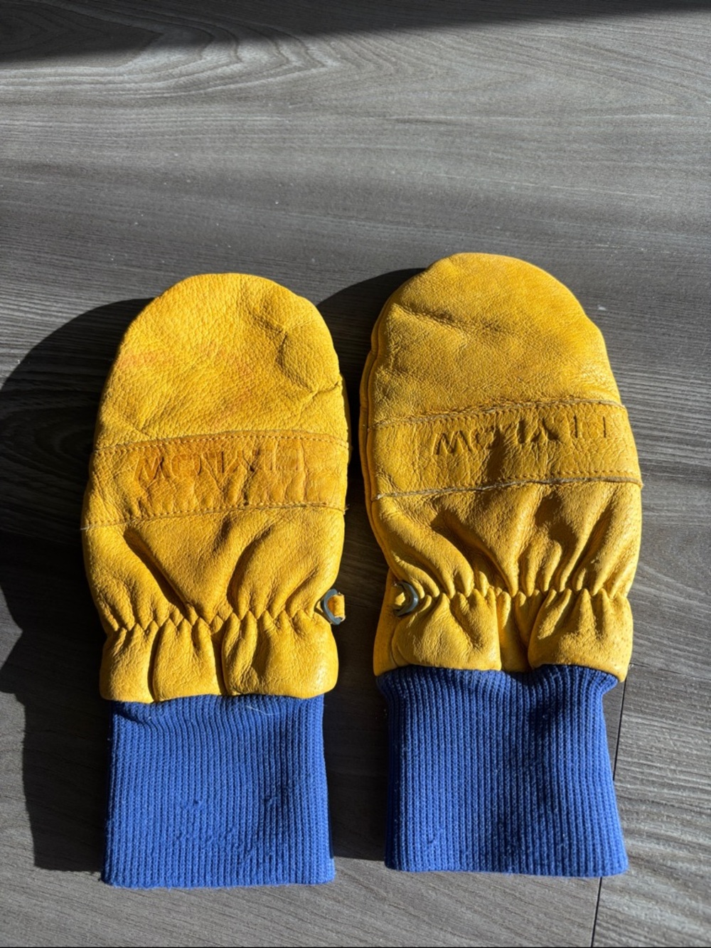 Flylow Small Leather Mittens with Blue Knit Cuffs